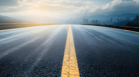 Asphalt road and city skyline at sunset,panoramic viewの素材