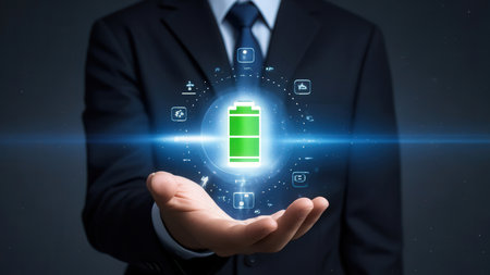 Businessman holding a glowing battery icon on dark background. Business and technology conceptの素材