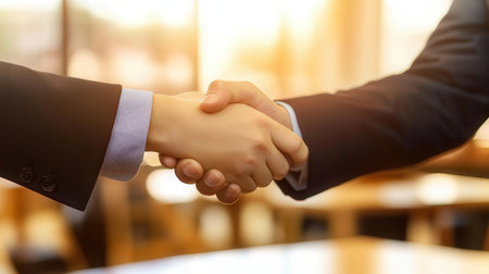 Closeup of business people shaking hands in office. Handshake concept.の素材