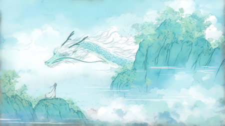 Sketch of a dragon flying over the sea, vector illustrationの素材