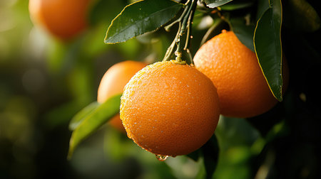 Ripe orange fruit on the tree with drops of water after rainの素材