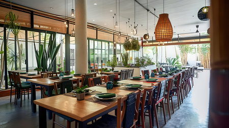 Interior of a modern restaurant with tables and chairs, nobody insideの素材