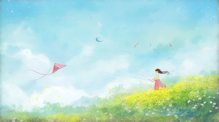 Girl flying a kite in the meadow. Watercolor paintingの素材