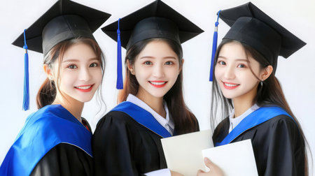 Beautiful young asian women graduates in graduation gowns holding diplomaの素材