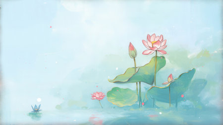 Watercolor painting of pink lotus flowers and leaves on blue sky backgroundの素材