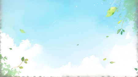 Nature background with green leaves and blue sky with white clouds. Vector illustration.の素材