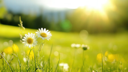 Beautiful daisies on meadow, closeup. Nature backgroundの素材