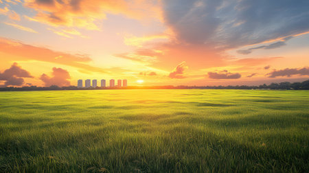 Green rice field and city skyline at sunset in the countryside of Thailand.の素材