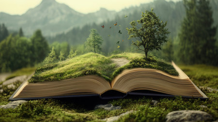 Open book with green grass and tree growing out of it. Conceptual imageの素材