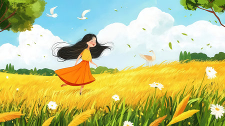 Beautiful girl on the wheat field with flying bird. Vector illustration.の素材