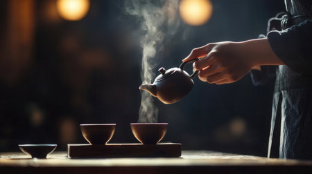 Chinese tea ceremony with teapot and cups on wooden table.の素材