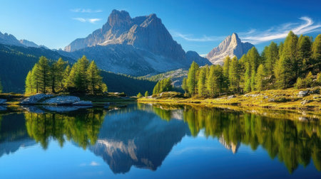 Panoramic view of Dolomites mountain lake, Italy.の素材