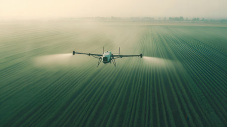 Aerial view of a drone spraying pesticides on a field in springの素材