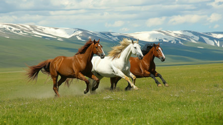 Three horses running gallop on green meadow in spring in mountainsの素材