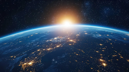 Sunrise over planet Earth. 3D rendering. Elements of this image furnished by NASAの素材