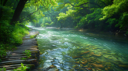 Beautiful landscape of wood bridge over the mountain river in the forestの素材