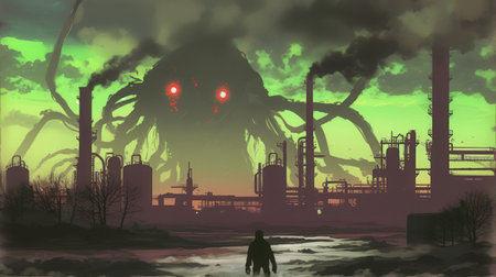 Fantasy illustration of a factory with a silhouette of a man in the foreground.の素材