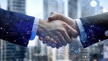 Close up of two businessmen shaking hands against cityscape background 3D renderingの素材
