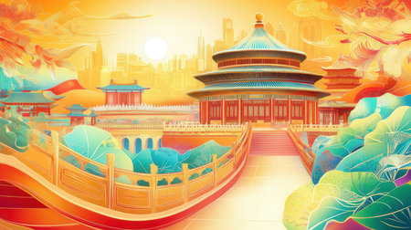 Beautiful Chinese temple at sunset. Vector illustration of a Chinese templeの素材