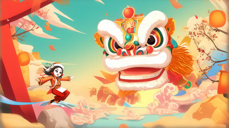 Chinese New Year illustration of dragon and lion dance with firecrackersの素材