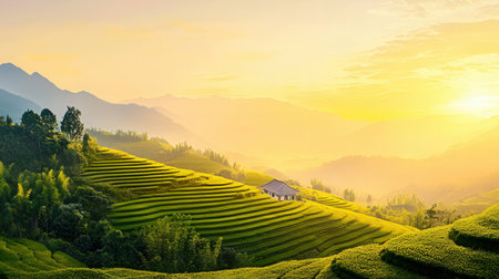 Green tea terrace at sunset, Mu Cang Chai, Vietnamの素材