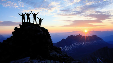 Silhouette of a group of people on top of a mountain.の素材
