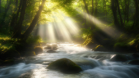 Mountain stream with sunbeams in green forest. Nature composition.の素材
