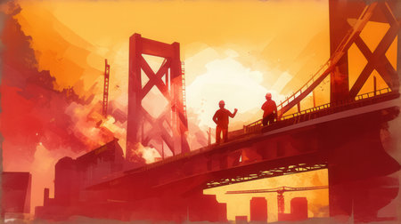 Double exposure of two men standing in front of the Golden Gate Bridgeの素材