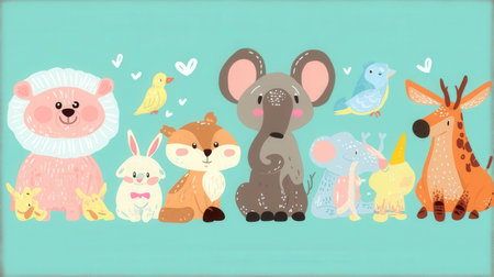 Cute hand drawn vector illustration with cute animals. Cartoon style.の素材