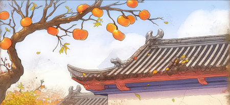 Colorful painting of persimmon tree and traditional chinese architectureの素材