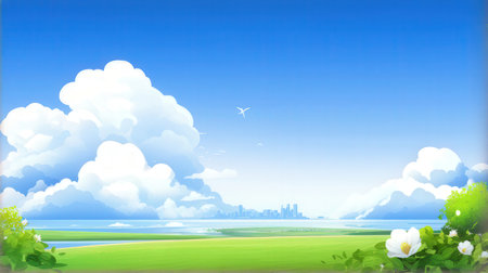 Summer landscape background with grass, sky and clouds. Vector illustration.の素材