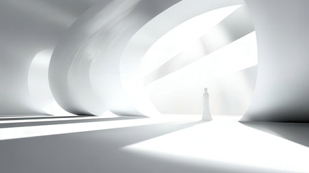 3d render of a woman in a white dress in a white roomの素材