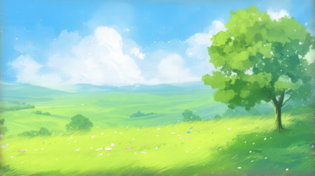 Spring landscape with green meadow, tree and flowers. Digital painting.の素材
