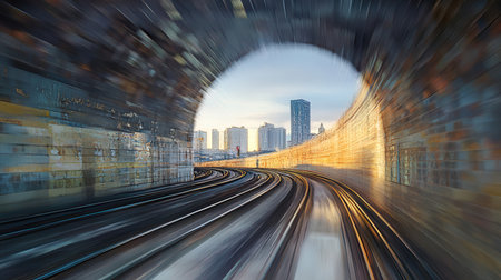 Motion blur of train in tunnel with cityscape background, abstract motion blurの素材