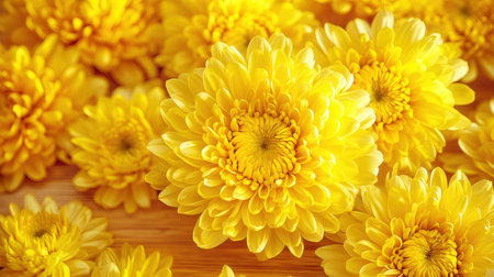 Yellow chrysanthemum flowers on wooden background, closeupの素材