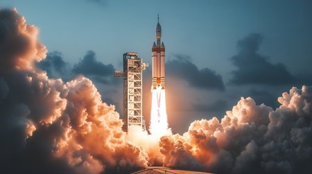 Rocket launch into the sky. Mixed media. Mixed media. Mixed mediaの素材