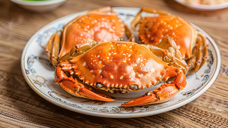 Boiled crabs on a plate on a wooden table. Seafoodの素材