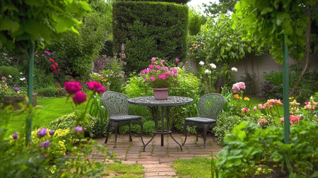 Garden setting with chairs and table in beautiful summer garden with flowersの素材
