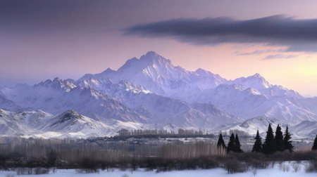 panoramic view of snow covered mountains at sunset, New Zealandの素材