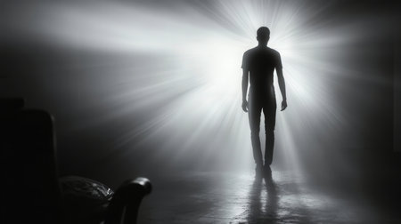 Silhouette of a man standing in a dark room with light raysの素材