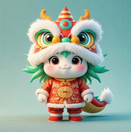 Chinese New Year's card with a cute cartoon lion in traditional costume.の素材