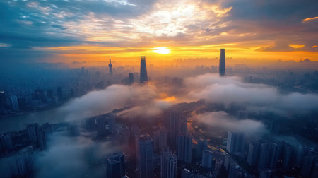Aerial view of shanghai skyline at sunrise,China.の素材
