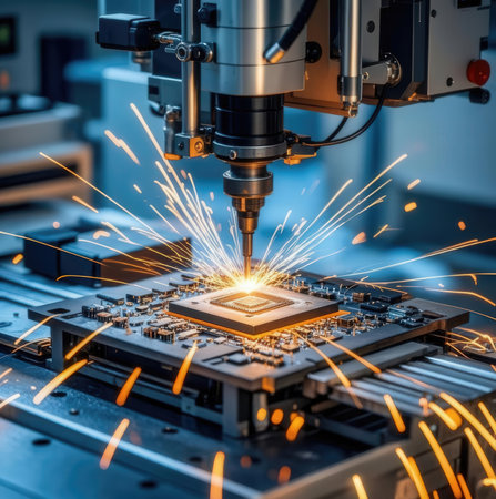 The CNC milling machine cutting the automotive part with the sparking light. The hi-technology automotive parts manufacturing process by CNC machining center.の素材