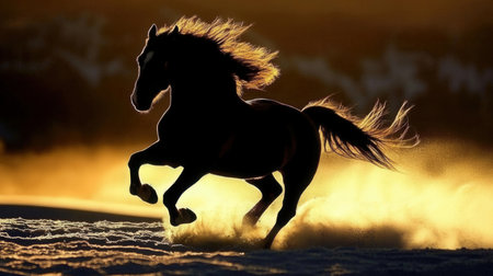 Horse running in snow at sunset, equestrian sport.の素材