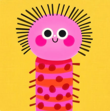 Cute pink caterpillar on yellow background. Vector cartoon illustration.の素材