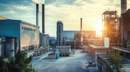 Industrial landscape at sunset, power plant with large chimneys.の素材