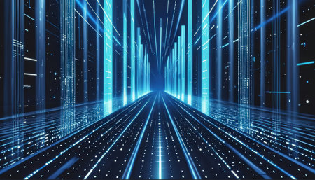 Futuristic corridor with glowing neon lines, abstract background. 3D renderingの素材