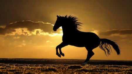 Horse silhouette in the sunset sky, 3d render illustration.の素材