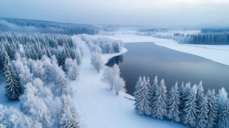 Aerial view of winter landscape with snow covered trees and river.の素材