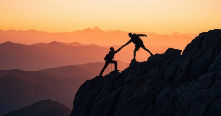 Silhouette of a man and a woman on top of a mountainの素材
